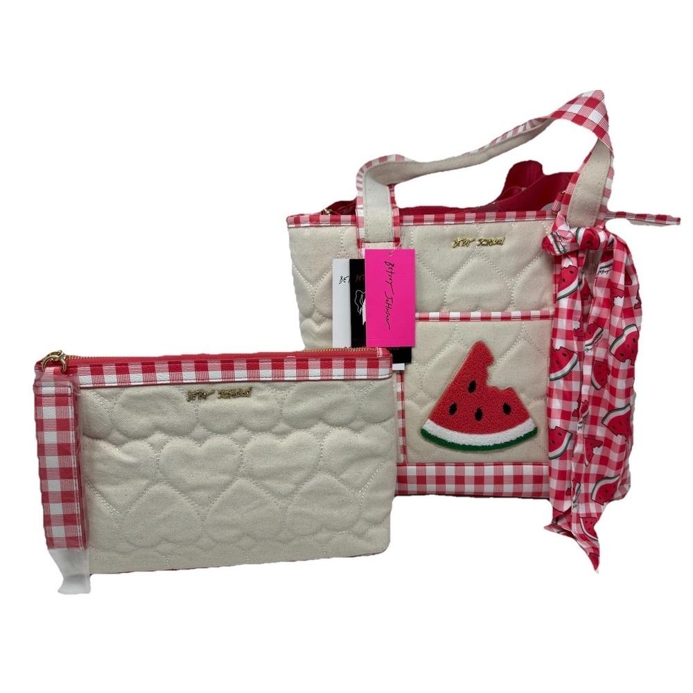Betsey Johnson Bag Watermelon Tote With Pouch & Scarf NWT Pink Hearts